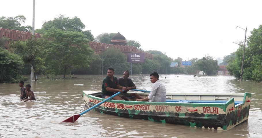New Delhi, India, July 15, 2023: Rescue team searching flooded Red Fort building as river Yamuna water level reached above danger mark after heavy rainfall and release water from Hathnikund Barrage.