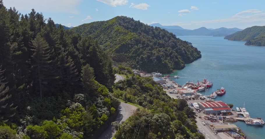 Aerial: Town of Picton in the Marlborough Sounds, South Island, New Zealand 