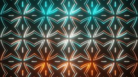 Cyan and White and Orange on Black Abstract Neon Glowing Star Patterns Background VJ Loop Animation in 4K