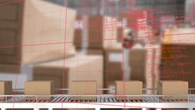Animation of data processing over cardboard boxes on conveyor belt. Global shipping, business, computing, digital interface and data processing concept digitally generated video. - Powered by Shutterstock - Get 15% off with code: PIKWIZARD15