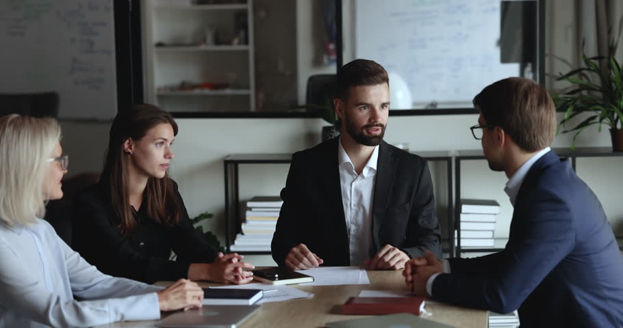 Business leader man, boss thanking employee for good job, shaking hands on team meeting. Partners closing deal, successful project, giving handshake after negotiation Royalty-Free Stock Footage #1106206091