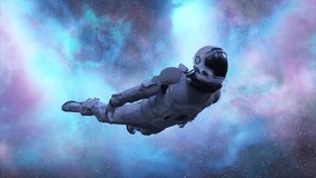 Astronaut flies past purple-blue clouds. Space. Space suit. neon color. The clouds revolve around the astronaut. . 3D Illustration - Powered by Shutterstock - Get 15% off with code: PIKWIZARD15