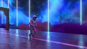 Astronaut is running down the space highway when he runs through the gate turns into a diamond. Space. Neon laser beams. 3D Illustration - Powered by Shutterstock - Get 15% off with code: PIKWIZARD15
