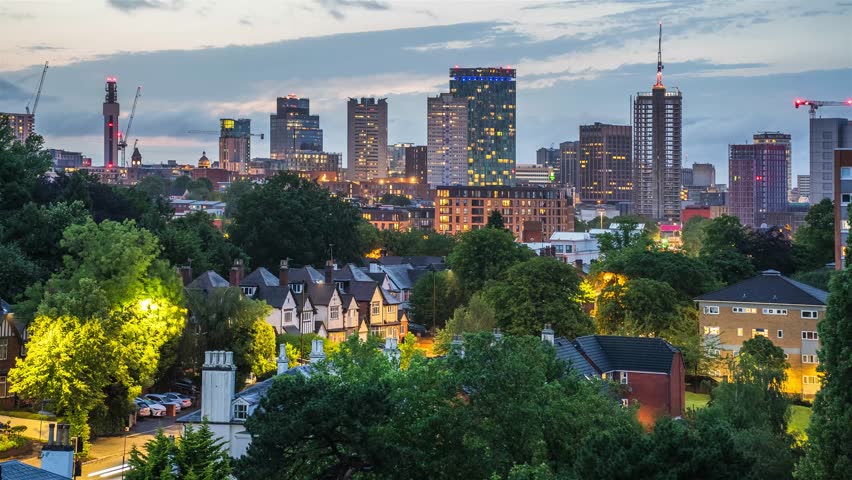 Birmingham city centre skyline timelapse at dusk.
Timelapse of the high rise offices, flats and hotels forming part of Birmingham