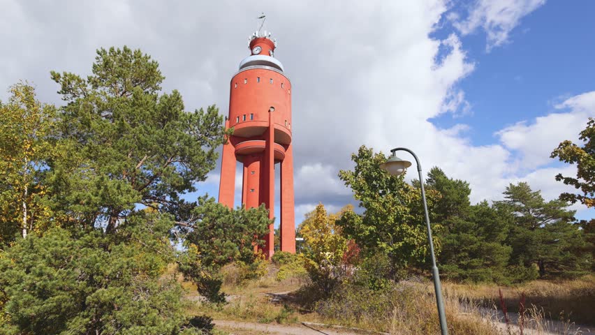 View of Hanko town coast, Hango, Finland, with beach and coastal waterfront, wooden houses and beach changing cabins, Uusimaa, Hanko Peninsula, Raseborg sub-region, summer sunny day 