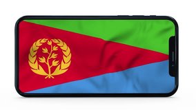 Waving flag of Eritrea on a mobile phone screen. 3d animation in 4k resolution video.