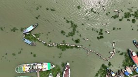 Boat rally in River Aerial view,Buriganga River in Bangladesh