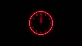 Abstract red Neon Clock Isolated Animation. Black background 4k video.
