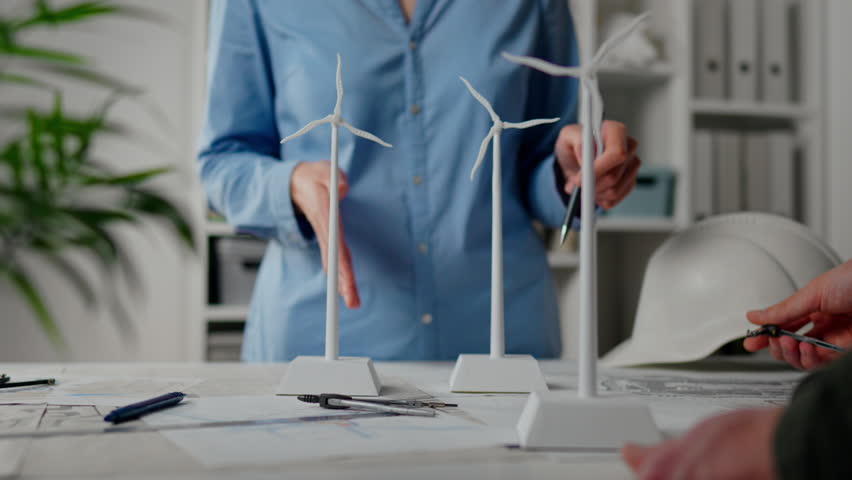 Future Energy, Investor Businessman Two Colleagues Do Research Measuring Data on Blueprints Office Designed Renewable Energy, New Company Development Strategies Renewable Energy
 Royalty-Free Stock Footage #1106218183