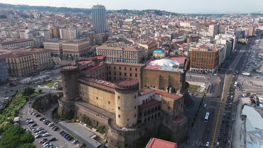 Aerial view of Castel Nuovo and Castel Sant'Elmo castles in Naples, Italy, landscape panorama of Naples from above, Italy, Europe. seen from above, sunset vesuvio sea panoramic, aerial naples Royalty-Free Stock Footage #1106222083