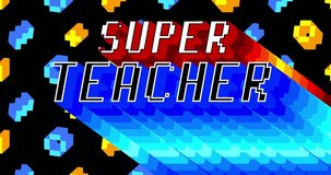 Super Teacher. 4k animated word with long layered multicolored shadow with the colors of a rainbow on black background.