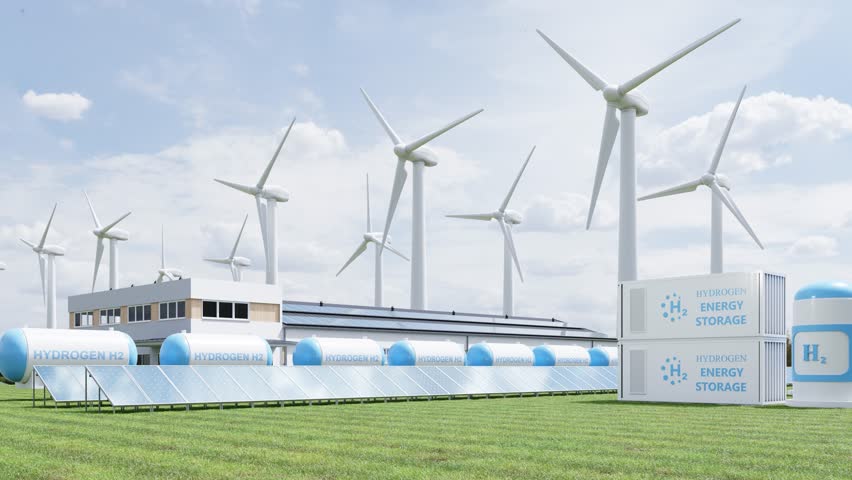Concept of an energy storage system based on electrolysis of hydrogen for clean electricity solar and wind turbine facility.3d rendering Royalty-Free Stock Footage #1106224619