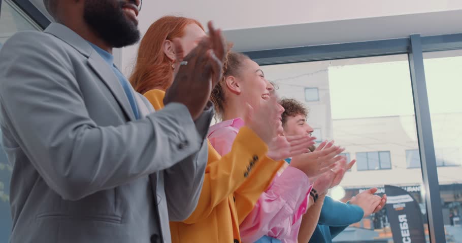 positive multiracial business audience people group smiling applauding sitting at conference clapping hands at corporate training seminar meeting, appreciation applause ovation concept. celebration Royalty-Free Stock Footage #1106225583