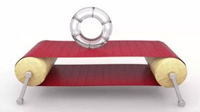 3d glass ring moving on a dark red conveyor belt rotating on two wooden rollers