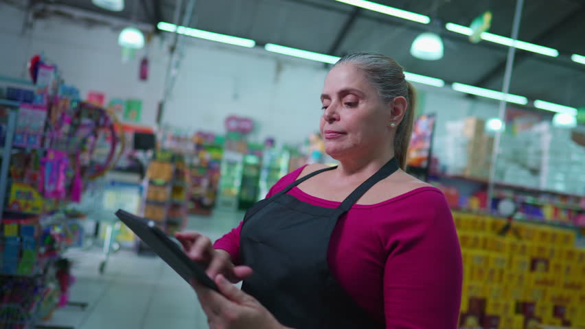 Stressed female employee of Supermarket chain standing inside business feeling frustration and anxiety in workplace while looking at table device screen Royalty-Free Stock Footage #1106232471