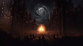 A tribe gathering under stars. This visual storytelling with parallax effects for musical background or musical short clips