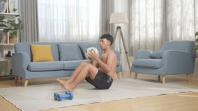 Full Body Of Asian Teenager Boy Doing Sit Up And Kettle Bell Twist Cardio On Mat With Dumbbells During The Shirtless Workout At Home
 - Powered by Shutterstock - Get 15% off with code: PIKWIZARD15