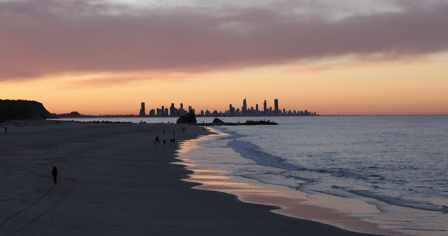 Sunset view of the Gold Coast skyline with Currumbin rock in foreground seen from Elephant rock in Currumbin, Queensland