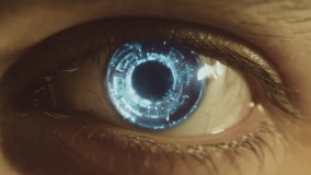 Cybernetic eye extreme close-up, marco. Glowing eye of an adnroid. Artificial intelligence concept. Sci fi, science fiction cinematic video. Eye scanner. Cinematic video. - Powered by Shutterstock - Get 15% off with code: PIKWIZARD15