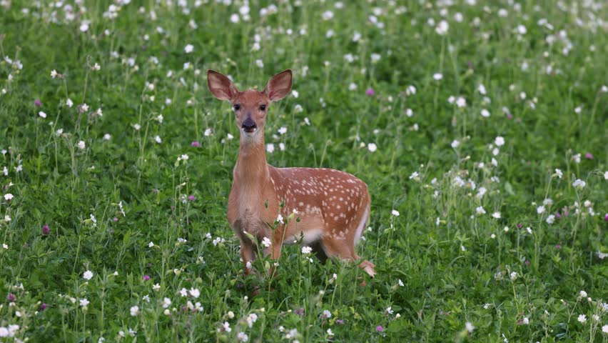 Whitetail deer (Odocoileus virginianus) fawn with spots in a flowered field during early summer in a Wisconsin forest.
 Royalty-Free Stock Footage #1106238733