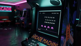 Retro Arcade Cabinet Displays Spaceship Destroying Aliens To Achieve High Score. Classic Arcade Cabinet With Pixel Video Game On Display. Shooting Enemies On Display Of Arcade Cabinet