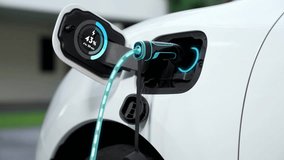 Woman recharge her electric car with EV charger from smart home charging station display futuristic digital battery status hologram. EV car and home energy infrastructure for sustainable power. Peruse - Powered by Shutterstock - Get 15% off with code: PIKWIZARD15