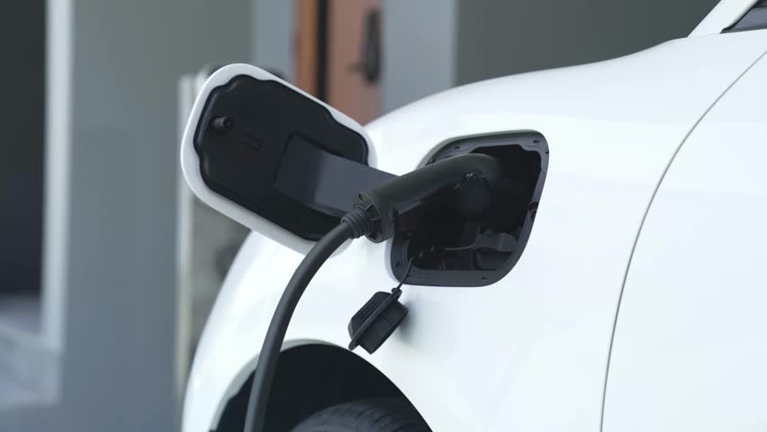 Electric car recharging from home charging station by futuristic EV charger. Cutting-edge technology advancement of EV car and smart home renewable energy infrastructure for sustainable power. Peruse Royalty-Free Stock Footage #1106246473