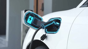 Electric car recharging from home charging station by futuristic EV charger. Cutting-edge technology advancement of EV car and smart home renewable energy infrastructure for sustainable power. Peruse - Powered by Shutterstock - Get 15% off with code: PIKWIZARD15