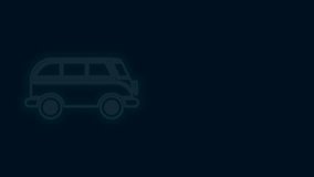 Glowing neon line Retro minivan icon isolated on black background. Old retro classic traveling van. 4K Video motion graphic animation.