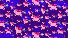 Pink rainbow cartoon unicorns flying on navy clouds sky background. Cute valentine's day animation good as backdrop for intro, party, television programme, presentation, etc... Seamless loop. - Powered by Shutterstock - Get 15% off with code: PIKWIZARD15