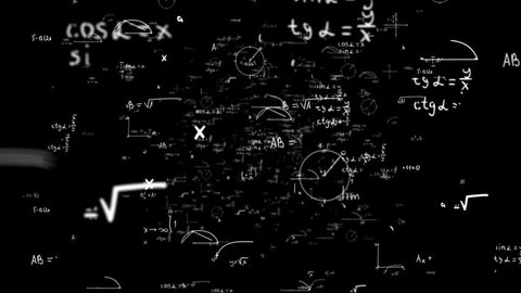 Math and physics formulae pass through the screen and fall away. Animation of maths equations. Fast movement of plexus formulas. Science, technology Genetics biology, biotechnology, chemistry, science: film stockowy