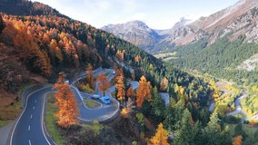 Time lapse clip.  Aerial autumn scene of Maloja pass, Switzerland, Europe. Picturesque morning of Swass Alps. Traveling concept background. Full HD video (High Definition).