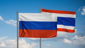 Kingdom of Thailand and Russia flag waving together in the wind on blue sky, cycle looped video, two country cooperation concept