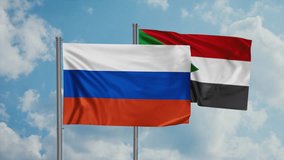 Sudan and Russia flag waving together in the wind on blue sky, cycle looped video, two country cooperation concept