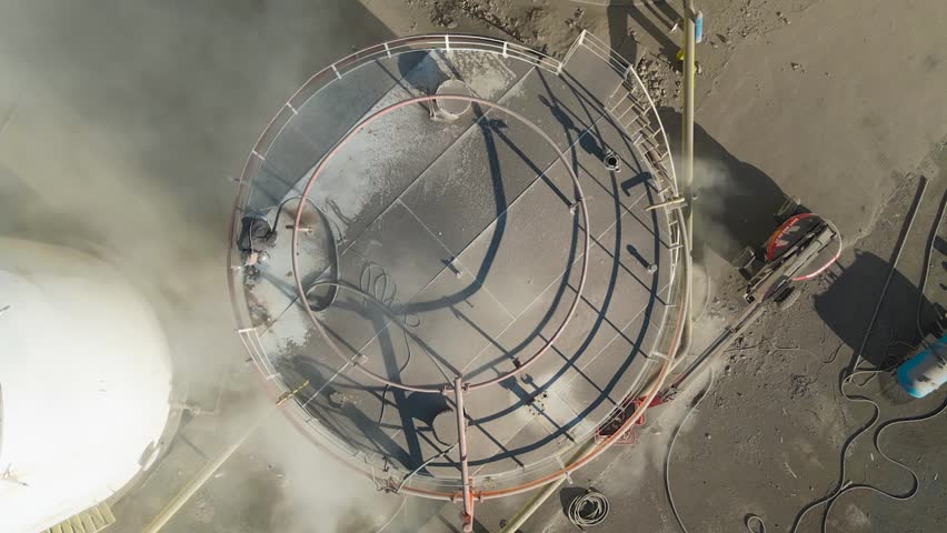 Fuel Silo Sandblasting: Aerial Drone View of Skilled Worker in Action