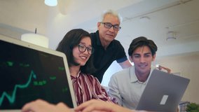 A team of happy Male and female Indian Asian analysts or investors celebrating as the stock market goes up with a graph or chart VFX animation playing on a laptop in the foreground. Finance, business - Powered by Shutterstock - Get 15% off with code: PIKWIZARD15