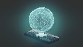 Black phone artificial intelligence hologram soccer ball, looped switch, 4k, 3d rendering. Animated ai projection from smartphone app, dark background. Machine intellect simulation. 3D Illustration - Powered by Shutterstock - Get 15% off with code: PIKWIZARD15