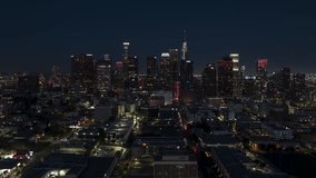 Establishing Aerial View Shot of Los Angeles CA, L.A. California US, perfect clear shot, slow track in, close view of dtla, Los Angeles Skyline, Iconic Downtown LA, incredible view