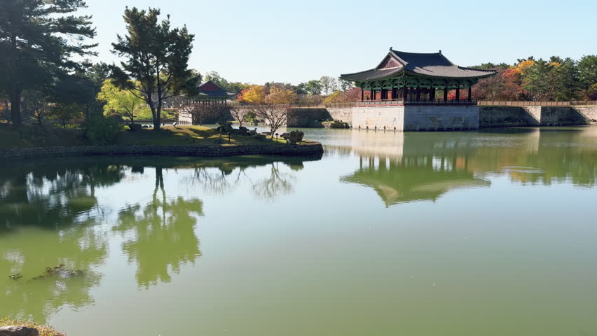 Gyeongju, South Korea: Famous Donggung Palace Wolji Pond, trees in autumn colors - landscapes of East Asia