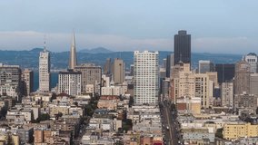 Establishing Aerial View Shot of San Francisco CA, California, United States, America, day, San Francisco Skyline, clear sunny day, inland view, tracking right