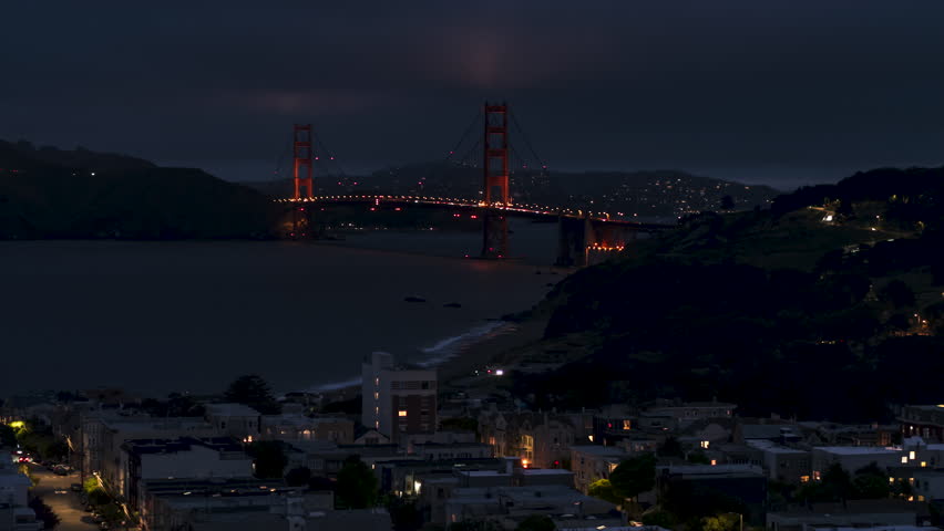 Establishing Aerial View Shot of San Francisco CA, California, United States, America at night evening, Golden Gate bridge, epic view, perfect image, circling left