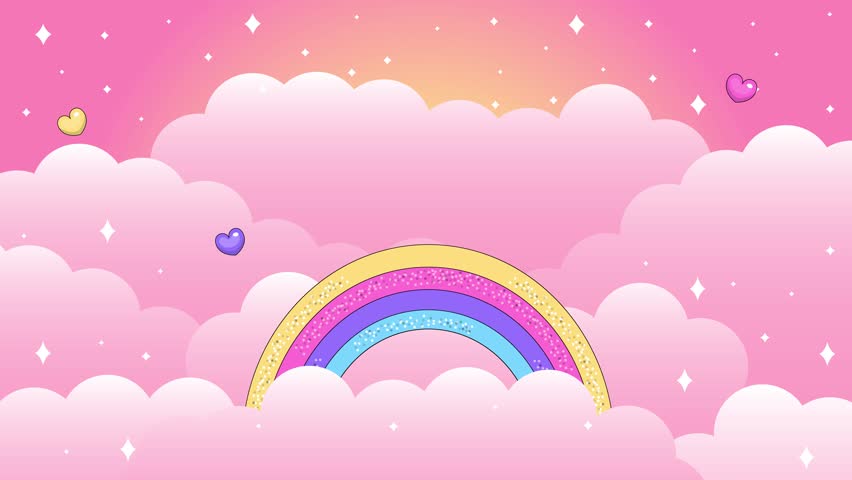 Unicorn in the sky with clouds, rainbow, hearts and butterflies. Cute cartoon looped animal animation. Pink background. Royalty-Free Stock Footage #1106277055