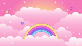 Unicorn in the sky with clouds, rainbow, hearts and butterflies. Cute cartoon looped animal animation. Pink background.