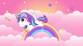 Unicorn in the sky with clouds, rainbow, hearts and butterflies. Cute cartoon looped animal animation. Pink background. - Powered by Shutterstock - Get 15% off with code: PIKWIZARD15