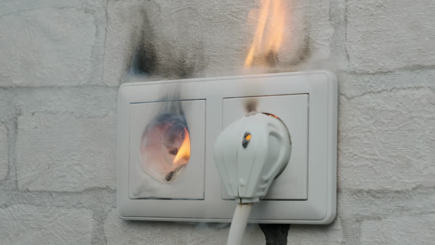 Electrical socket on fire in house on wall close up. Short circuit, faulty wiring, voltage overload. Royalty-Free Stock Footage #1106282187