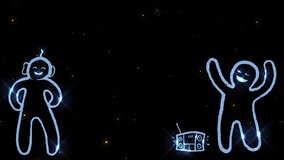 Funny dancing cartoon people. Animation of two characters dancing near a speaker and twinkling bright stars. 4K Wallpaper. Unique Video footage. Hand-drawn style animation seamless loop.