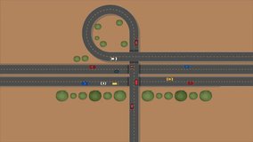 Top down cars drive at cross road. Nobody cityscape. Traffic highway transportation. Skyscrapers buildings at downtown streets. car on road traffic vector modern design video, 2d road traffic video