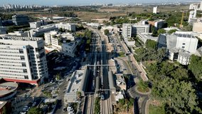 4K high resolution drone video of the central train station in the city of Rehovot near the Weizmann Institute of Science- Israel