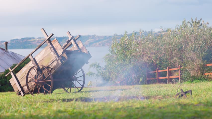 Chilean Fiestas Patrias Lamb to fire, and a cart in Castro, Chiloé south of Chile