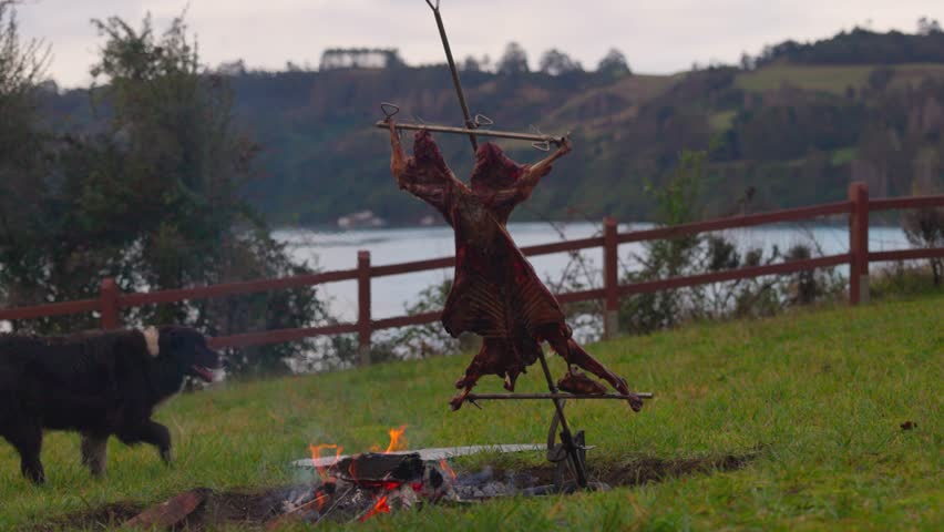 Chilean Fiestas Patrias Lamb to fire, and a cart in Castro, Chiloé south of Chile